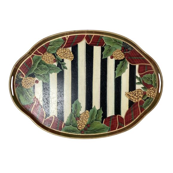 MacKenzie-Childs Metal Oval Serving Tray 21 X 15 Pinecone & Holly - Picture 1 of 12